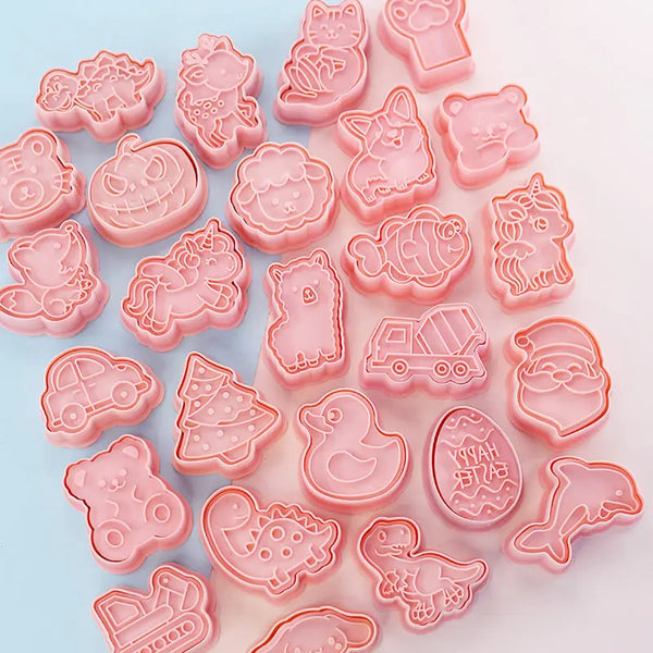8-Piece Cartoon Cookie Cutter Set – Pressable Plastic Biscuit Stamps