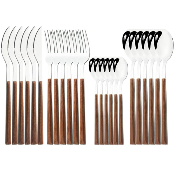 16/24/30-Piece Stainless Steel Cutlery Set – Faux Wood Handle