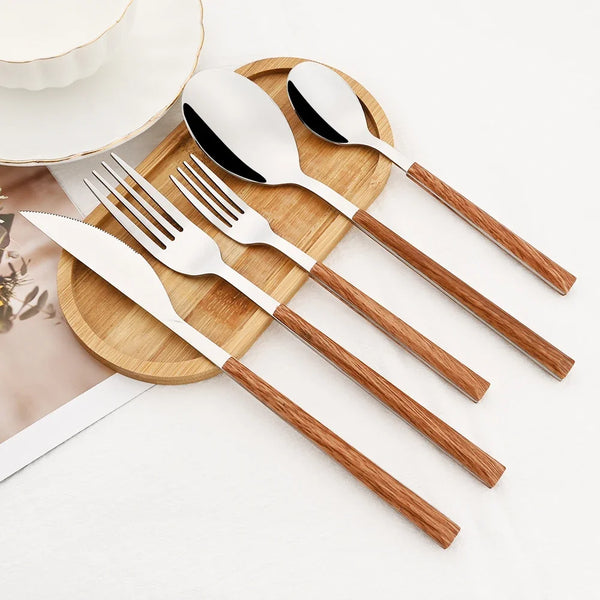 16/24/30-Piece Stainless Steel Cutlery Set – Faux Wood Handle