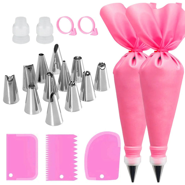 Reusable Piping Bag & Nozzle Set – Silicone Pastry Bag with Stainless Steel Tips