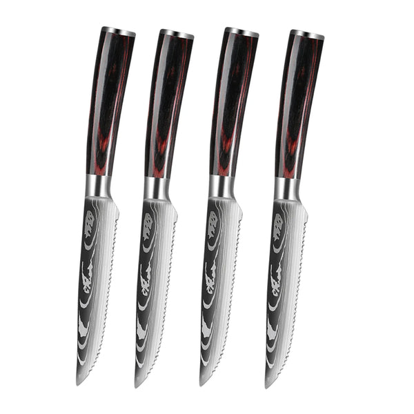 2–8 Pc Damascus Pattern Steak Knife Set with Wooden Handle