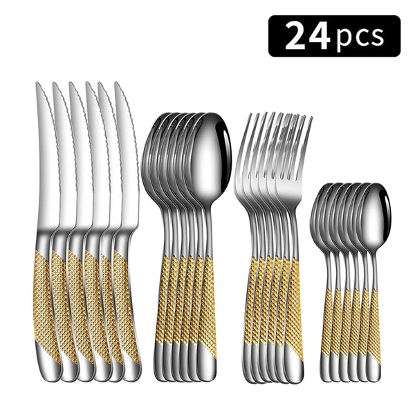 24-Pcs Stainless Steel Tableware Set – Knives, Forks & Spoons