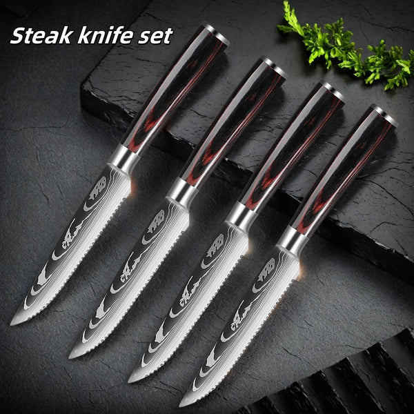 2–8 Pc Damascus Pattern Steak Knife Set with Wooden Handle